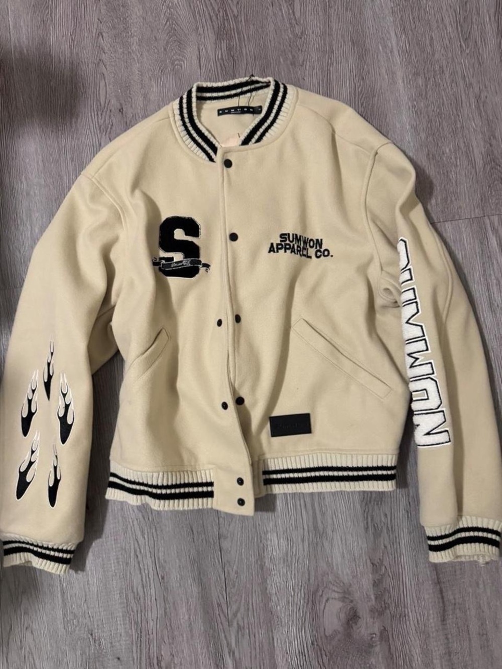 Cream Varsity Bomber Jacket with Black Trim